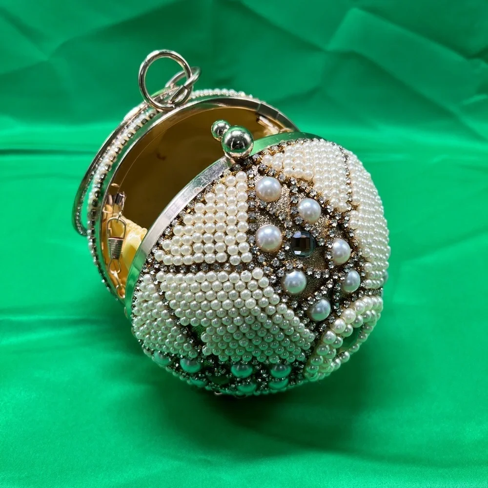 Unique Round beaded: Evening Clutch, wedding wristlet with long gold chain
